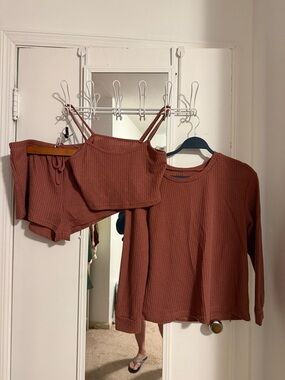 Waffle Knit 3-Piece Lounge Set in Rust